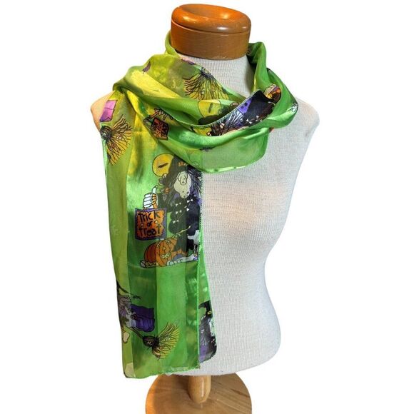 Halloween-Themed Green Sheer Scarf With Witch & Pumpkin Print - Picture 1 of 6